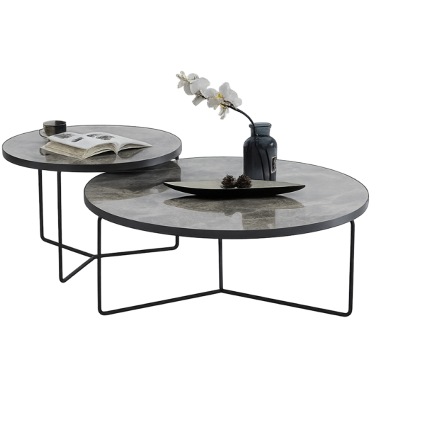 Table basse ronde en marbre artificiel – Structure métal noir