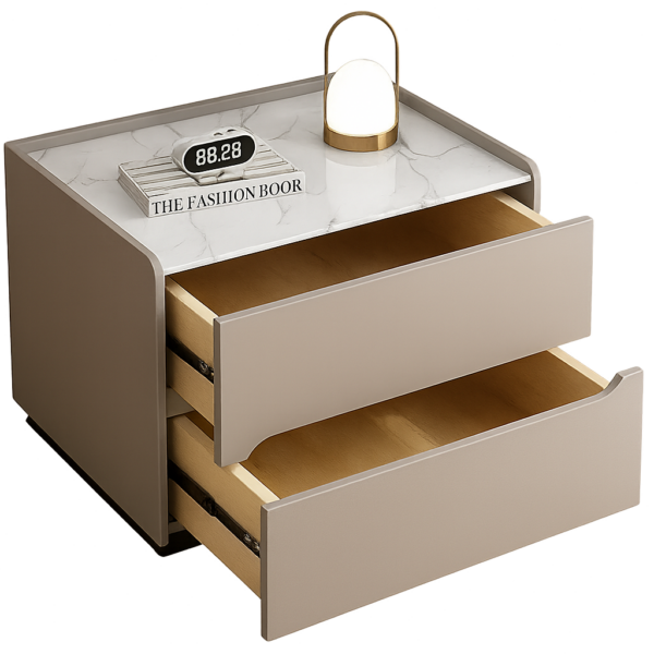 Table de chevet moderne avec 2 tiroirs – Finition bois et plateau effet marbre