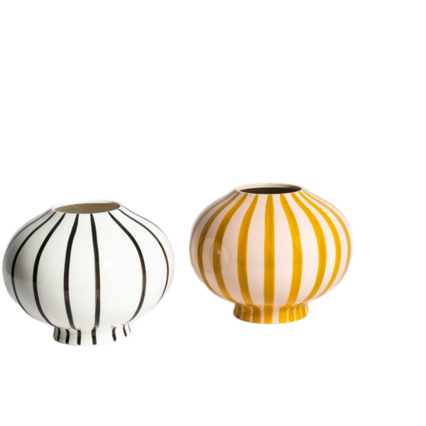 Vase rond en céramique peint à la main – Motif rayé noir & blanc ou jaune moutarde