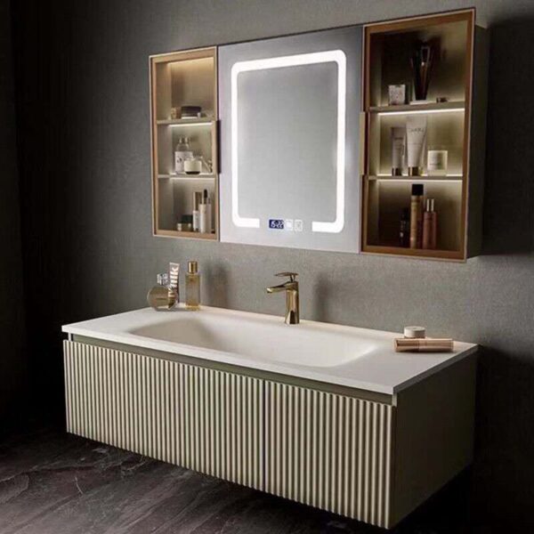 Meuble Vasque Mural Moderne avec Plan en Céramique et Rangements Intégrés
