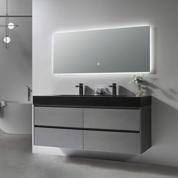 Meuble de salle de bain flottant moderne en bois laminé gris avec vasque en céramique