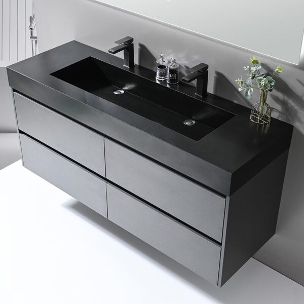 Meuble de salle de bain flottant moderne en bois laminé gris avec vasque en céramique – Image 2