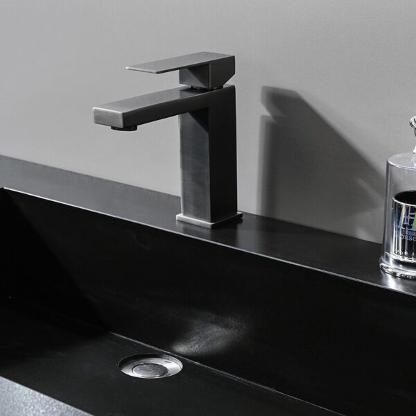 Meuble de salle de bain flottant moderne en bois laminé gris avec vasque en céramique – Image 4