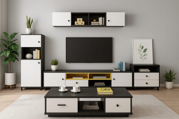 Table basse moderne en bois – Finition bicolore avec rangements – Image 2